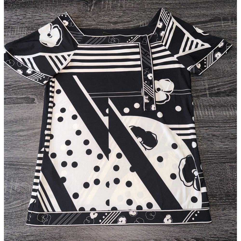 BCBGMAXAZRIA S/S Blouse Geometric Floral Polka Dot Mod Retro Top Small NWT